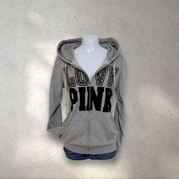 PINK Victoria's Secret Jackets & Blazers - VS PINK “Love Pink” Grey & Black Zip Up Hoodie w/ Flower & Velvet Lettering Deta